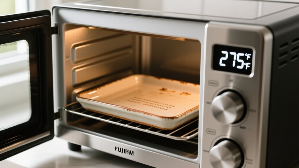 Open toaster oven with a ceramic baking tile inside, showing a digital oven thermometer reading exactly 275 degrees Fahrenheit.