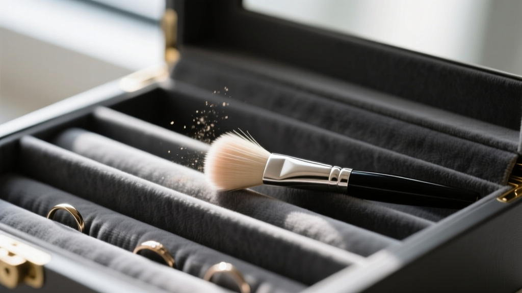 Close-up of a soft brush gently sweeping dust from a velvet ring roll slot inside a dark grey multi-tier jewelry organizer box.