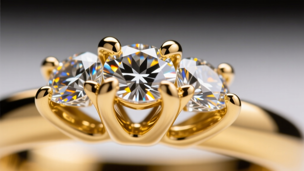Microscope view of tiny melee diamonds secured by four-prong micro-pave settings in polished 14k yellow gold metal alloy