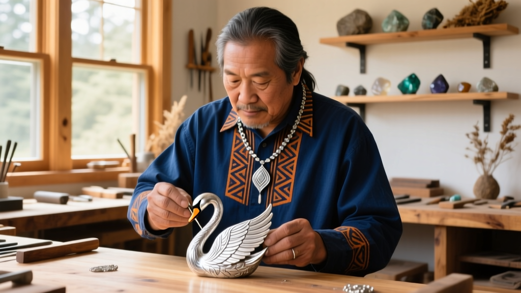 Native artisan in a ribbon shirt polishing a heavy silver swan necklace in a sunlit Pacific Northwest jewelry studio workspace.