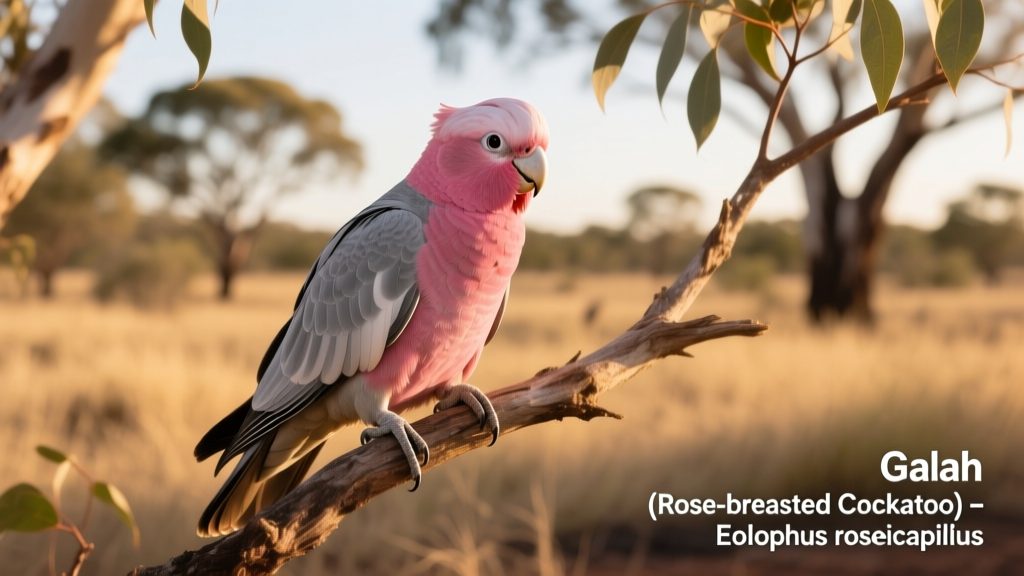 Adult galah cockatoo perched on a branch in natural habitat, showing its rose-pink chest and gray wings