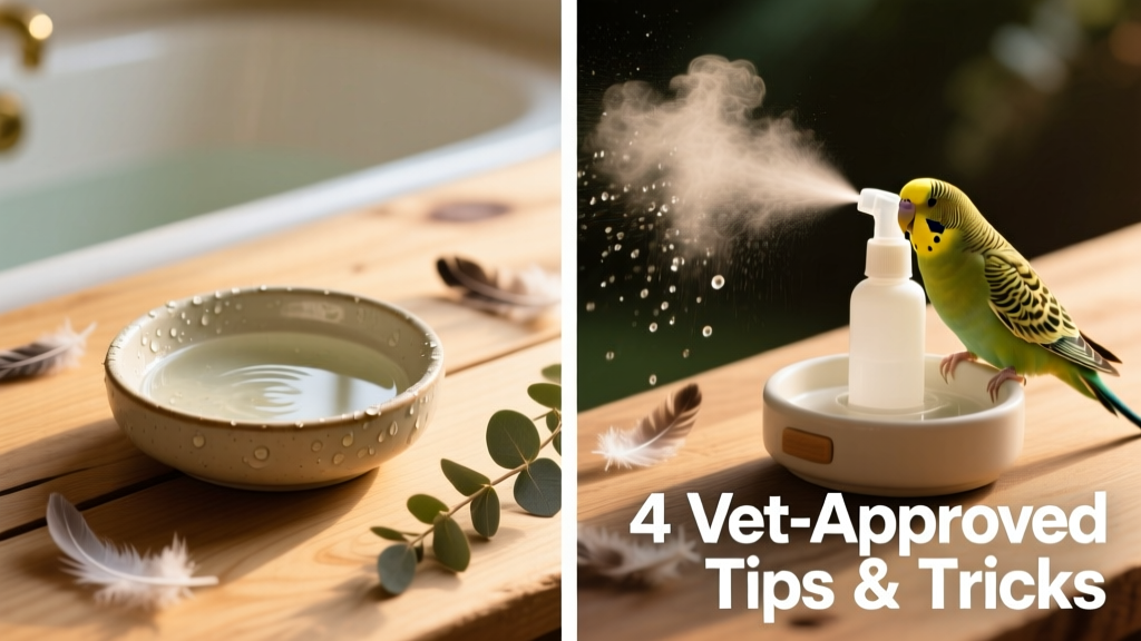 Side-by-side comparison of a proper shallow bath dish and a safe misting setup for parakeets