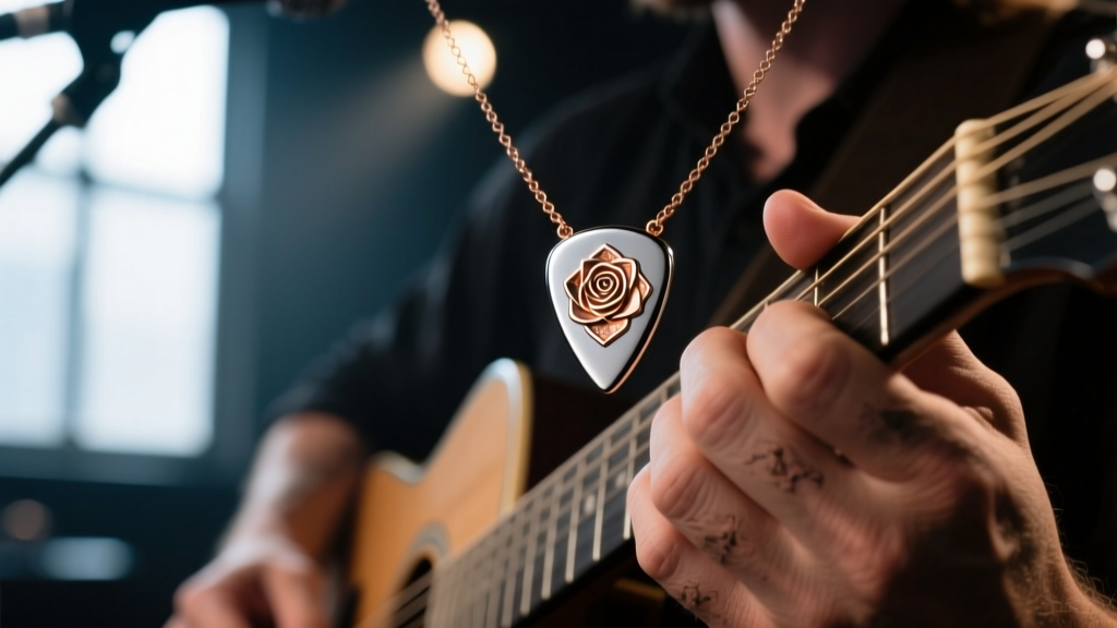 Titanium guitar pick necklace with rose gold inlay, held by an acoustic guitarist against a blurred, moody stage background.