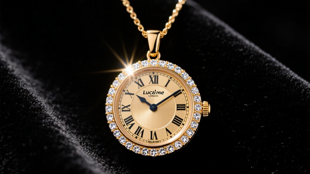Gold-plated Lucerne watch pendant necklace on dark velvet, showing the detailed Roman numeral dial and sparkling crystal bezel.