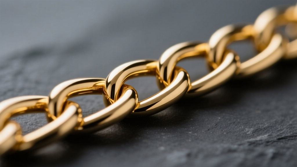 Macro shot of 18k gold chain link, showing precise polishing and warm proprietary alloy hue against a dark slate background.