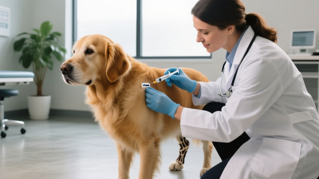 Veterinarian administering a monthly subcutaneous Librela injection to a golden retriever with osteoarthritis