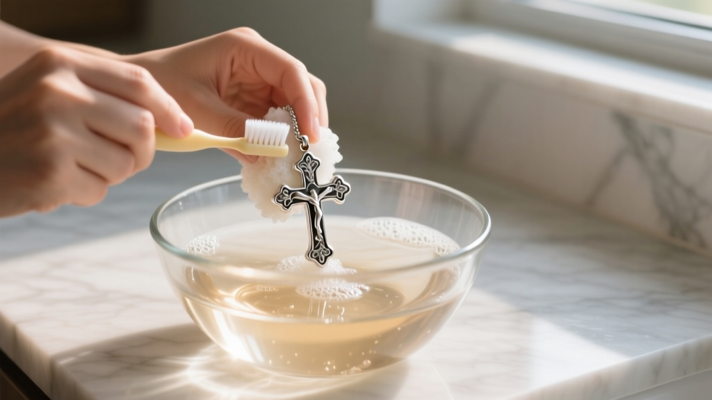 Hands gently scrubbing a silver cross pendant with a soft baby toothbrush in a glass bowl of warm soapy distilled water