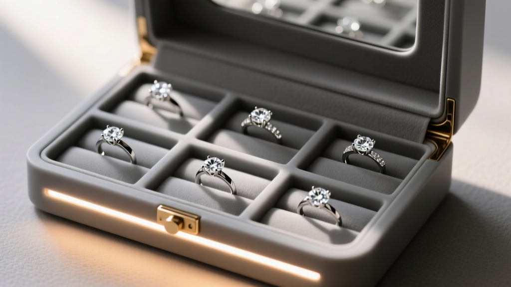 Open smart jewelry box showing modular grey TPU silicone inserts holding diamond rings, illuminated by warm LED strip lighting