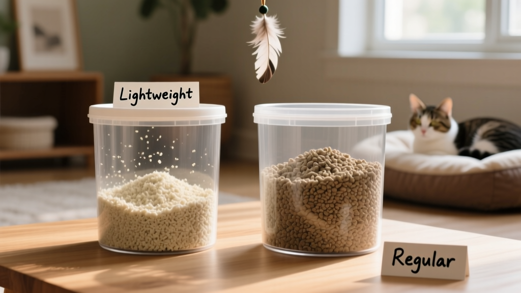 Side-by-side comparison of lightweight and regular cat litter in clear containers, showing visible differences in texture and density