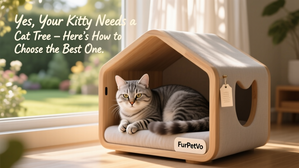 A content cat curled inside a FurPetVo cat condo, with soft lighting and a nearby window view