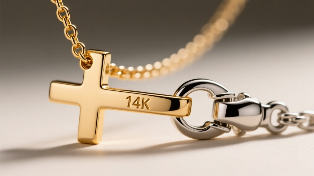 Extreme close-up of a sideways cross necklace jump ring, showing a laser-engraved 14k stamp and a secure lobster clasp mechanism.