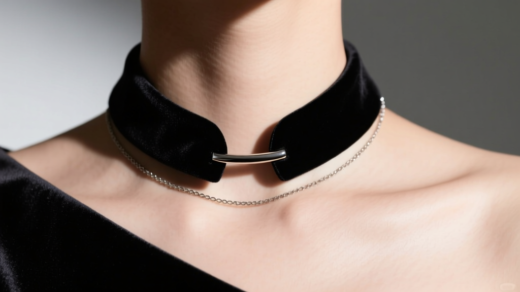 Close-up of matte black velvet necklace bust with a hidden silicone grip strip on the collarbone to prevent chain slipping