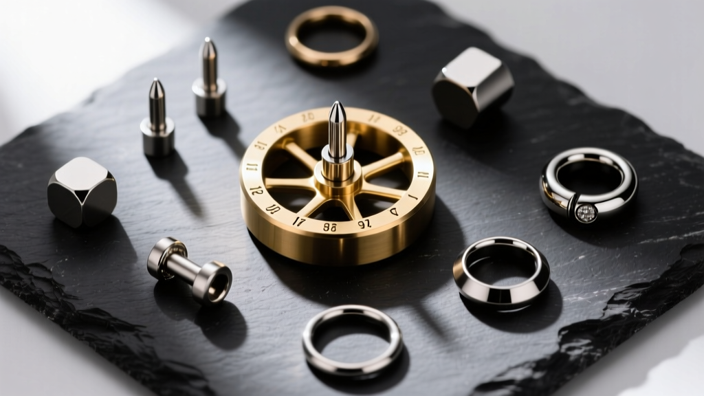 Top-down view of a brass piercing gauge wheel next to titanium labret studs and captive bead rings on dark textured slate