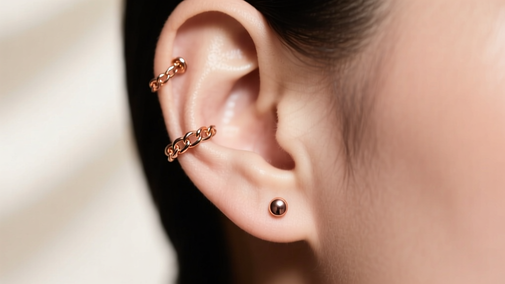 Close-up of a 16-gauge rose gold cartilage chain earring connecting a helix piercing to an earlobe stud under soft studio lighting