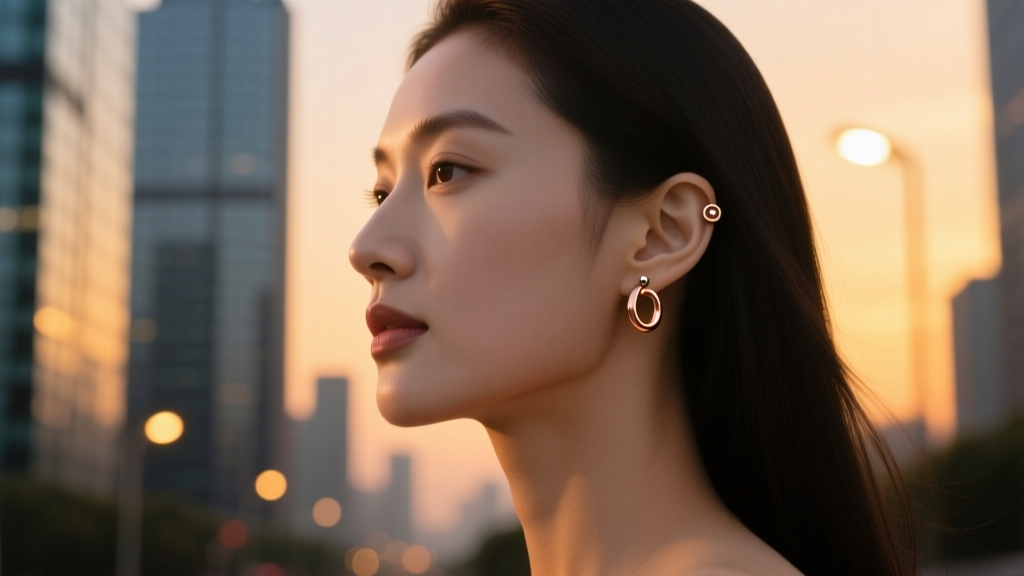 Side profile of a woman wearing 10mm rose gold mini hoops in her upper cartilage piercings, soft blurred city background at dusk.