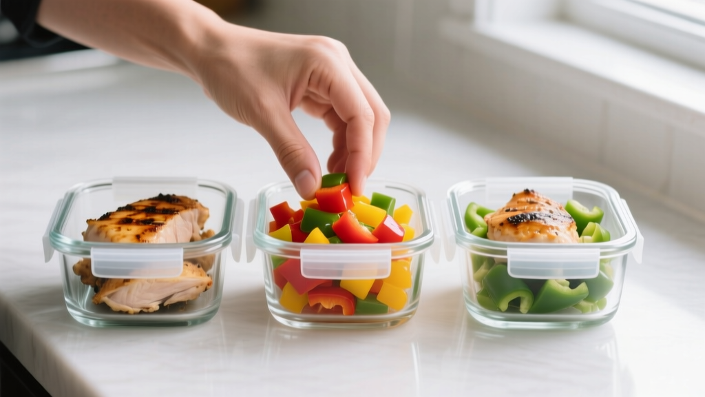 Hands placing perfectly portioned grilled chicken and diced bell peppers into 3-cup glass snap-lock meal prep containers in a row