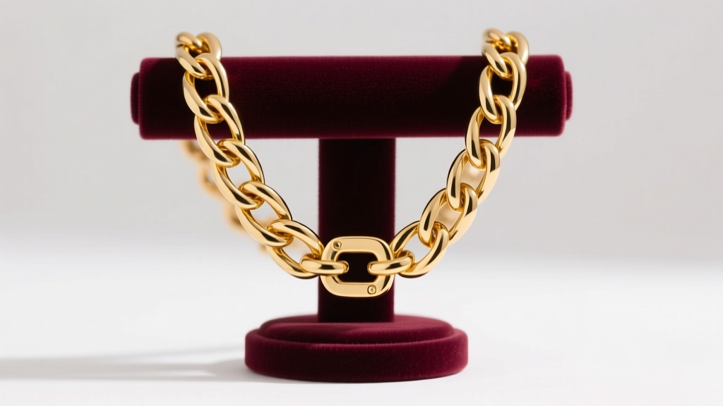 Heavy gold-plated Franco chain with a locking clasp hanging on a velvet stand to prevent metal stretching and daily chain tangles.