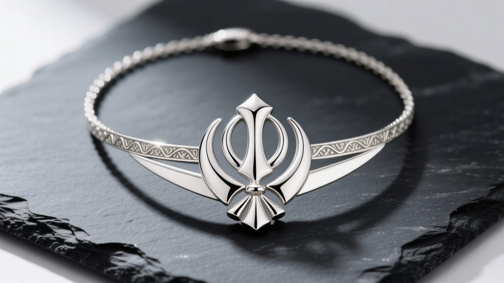 Polished 925 sterling silver Khanda necklace on dark slate, highlighting the intricate separation of the Chakkar and Kirpans