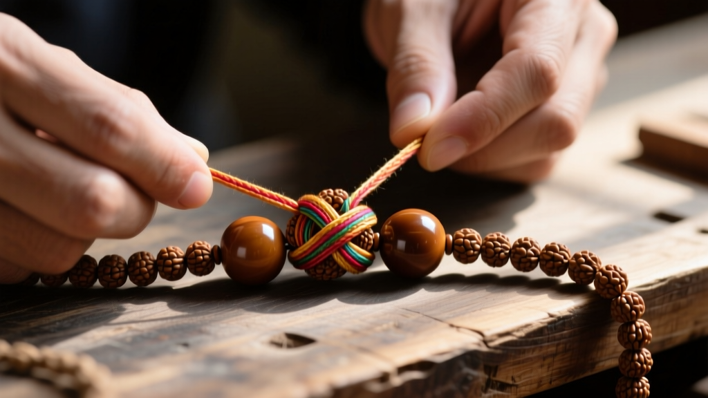 Hands weaving braided nylon cord through a rudraksha bead, showing a secure macrame knot between beads on a wooden workbench