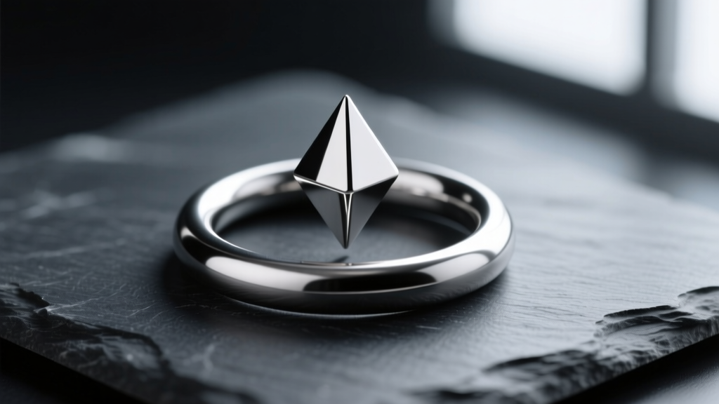 Macro shot of an ASTM F136 implant-grade titanium clicker hoop with a single pyramid spike resting on a dark slate surface.
