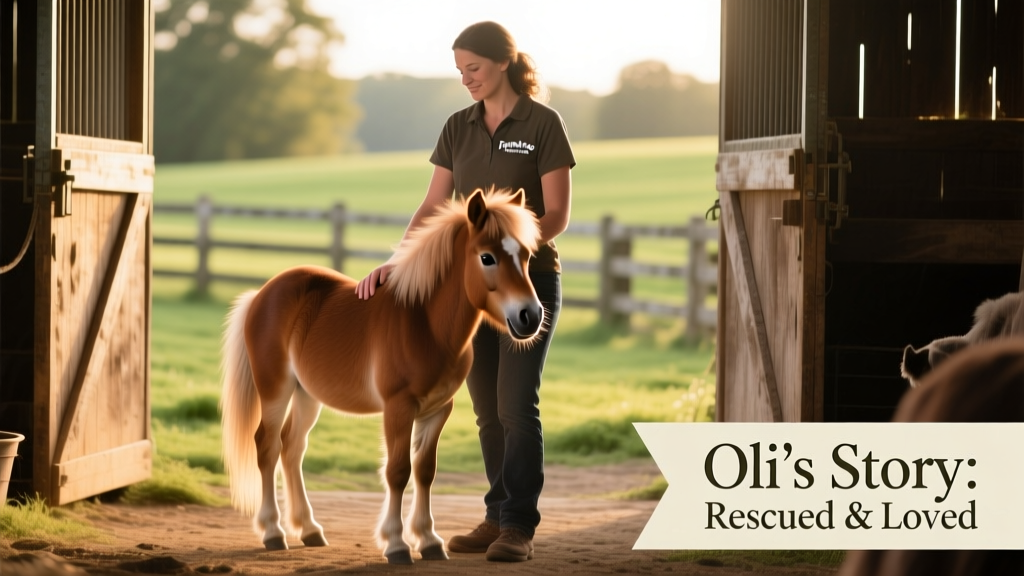Oli, a tiny rescued miniature horse, standing confidently beside a caretaker at FurPetVo's equine facility