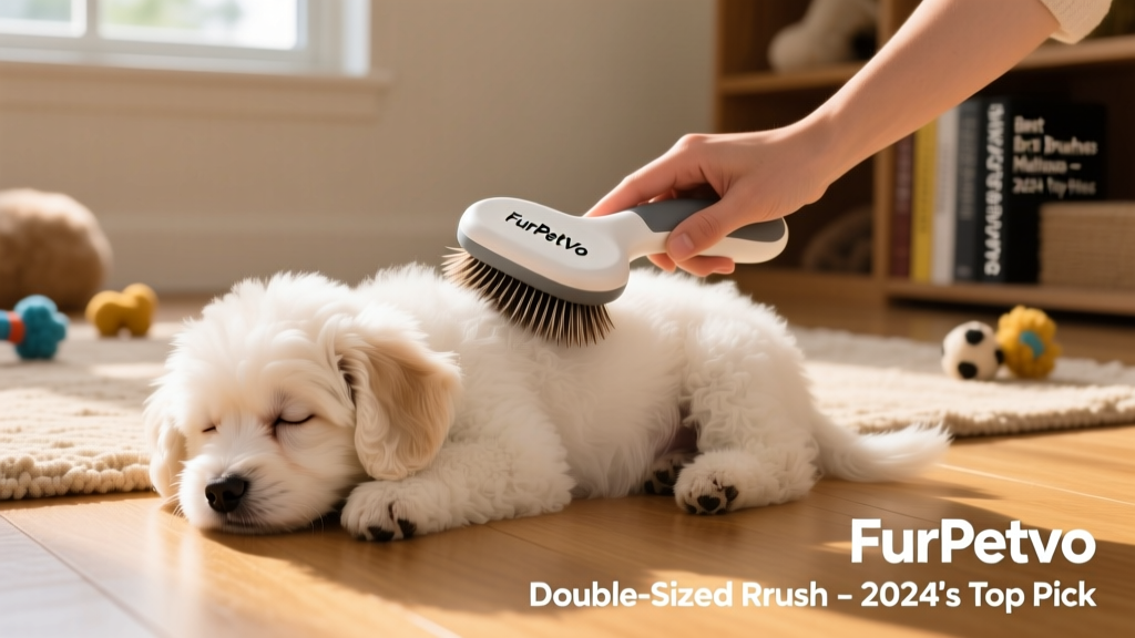 A Maltipoo puppy resting calmly while being brushed with the FurPetVo Double-Sided Brush