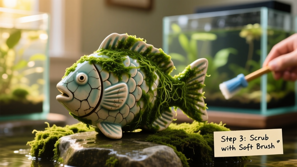 Close-up of green algae coating a ceramic fish tank ornament