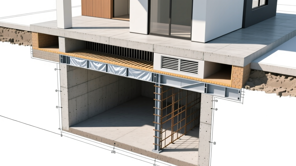 Architectural cross-section blueprint showing concrete slab, vented crawl space, and full basement foundations with steel rebar details