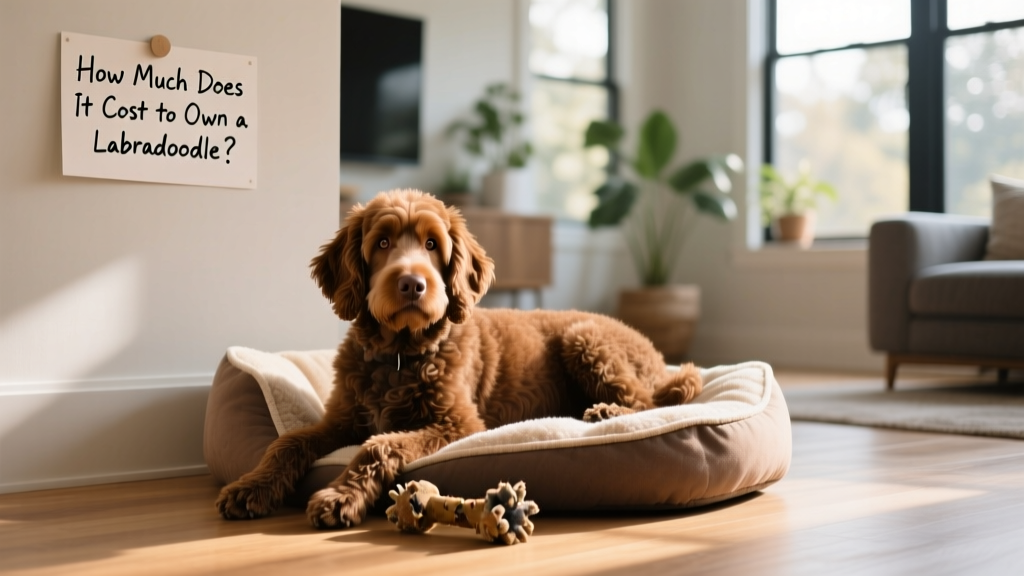A brown Labradoodle resting calmly beside a cozy dog bed and chew toy