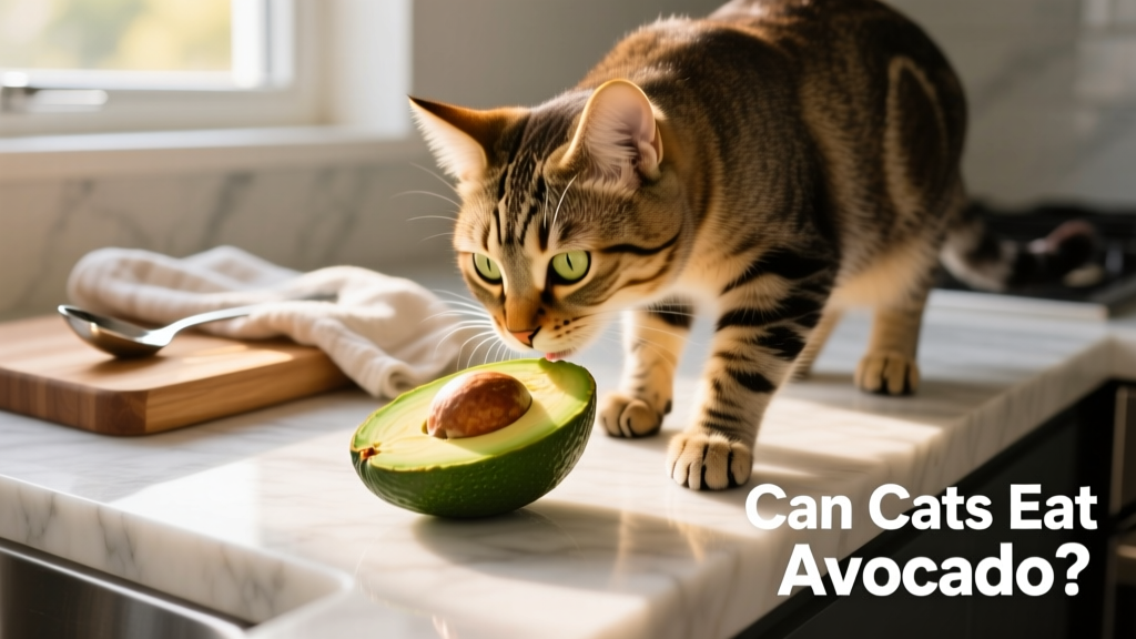 A curious cat sniffing near a half-cut avocado on a kitchen counter, illustrating temptation and risk