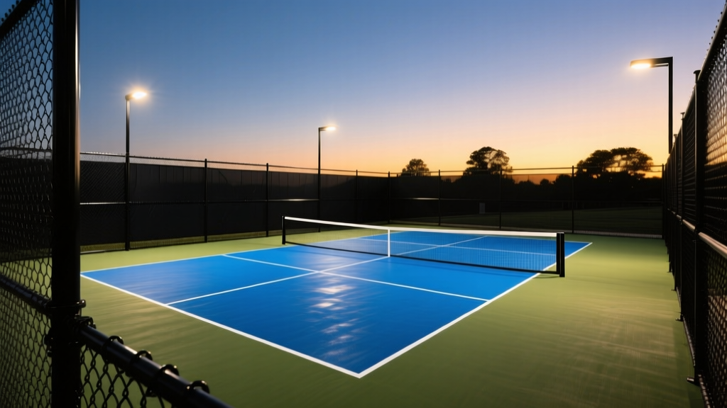 New outdoor pickleball court with vibrant blue acrylic surfacing, black vinyl-coated chain link fencing, and LED sports lighting at dusk
