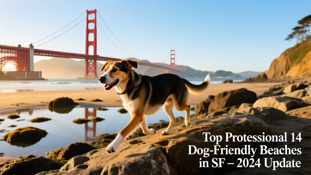 A mixed-breed dog trotting along the rocky edge of Albany Beach, with the Golden Gate Bridge visible in the distance