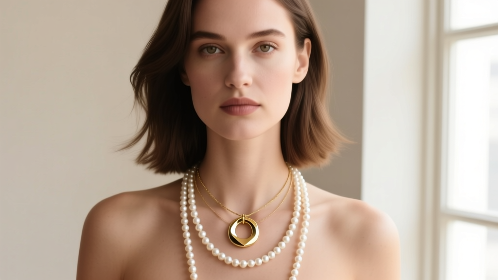 Portrait of a woman wearing a layered stack, featuring a 12mm double circle necklace paired with a longer, elegant pearl chain.