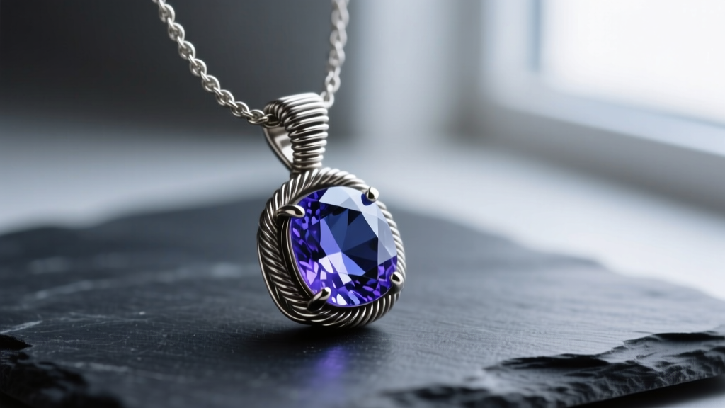 Macro photography of a 20-gauge titanium wire-wrapped pendant holding a raw lab-grown sapphire, resting on a dark slate surface