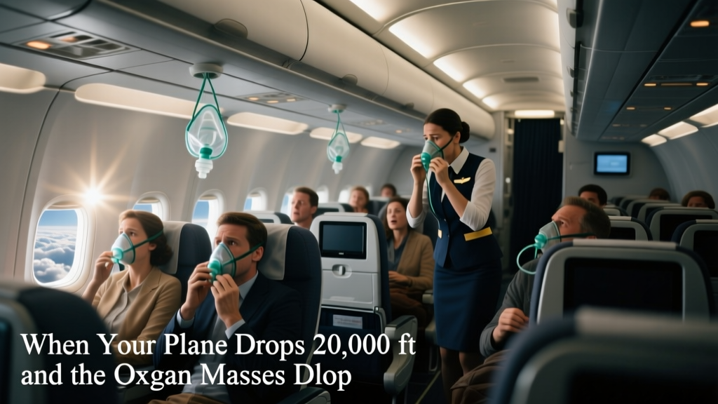 oxygen masks in an airplane cabin; Public Domain image