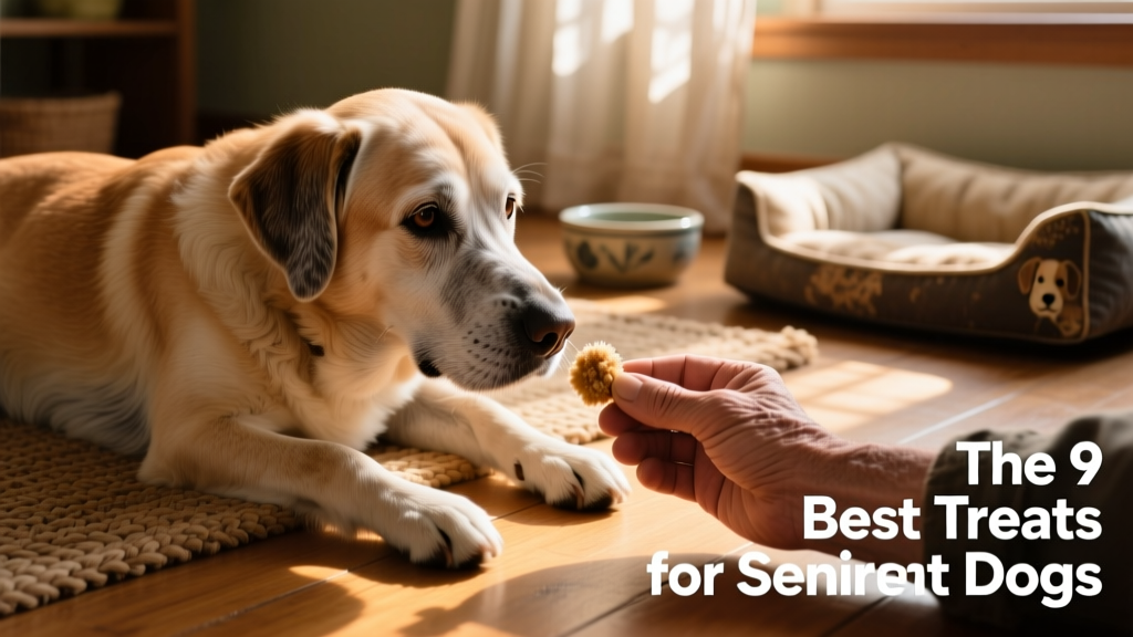 Senior dog gently receiving a soft treat from a caring hand