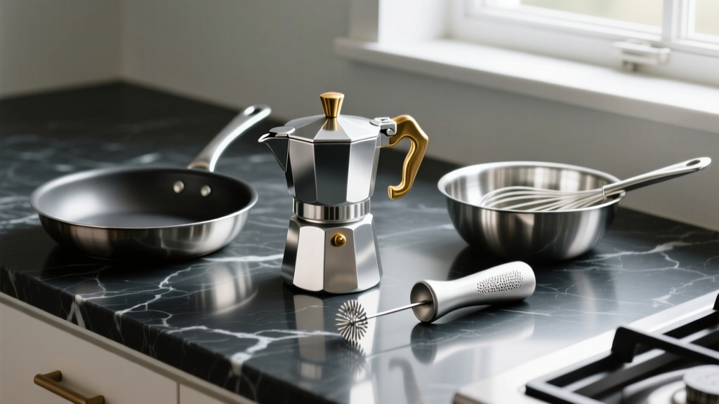 Flat lay of budget stainless steel cookware, a Moka pot, and a manual milk frother on a dark marble kitchen countertop.