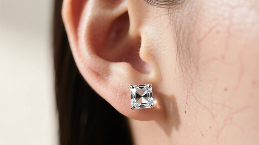 Macro shot of an earlobe wearing a clear borosilicate glass stud earring with a flat titanium back, bathed in soft natural light.