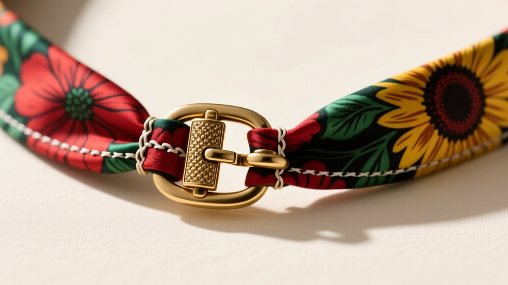 Macro shot showing reinforced stitching and a brass lobster clasp attachment point on a floral polyester bandana necklace