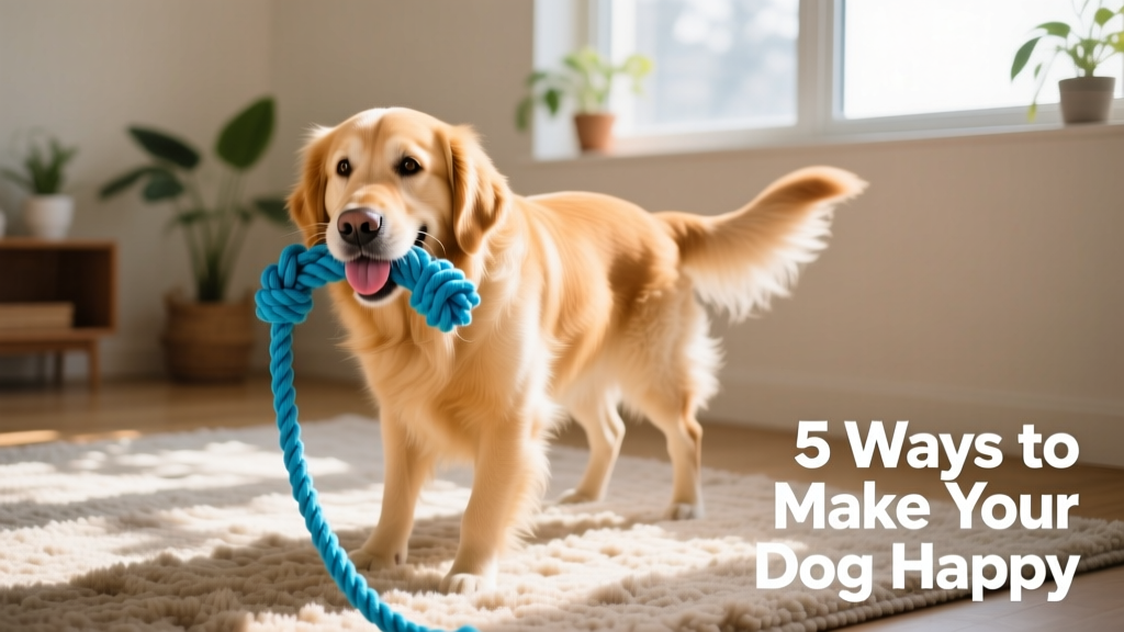 A dog happily chewing a bright blue rope toy on a sunlit rug