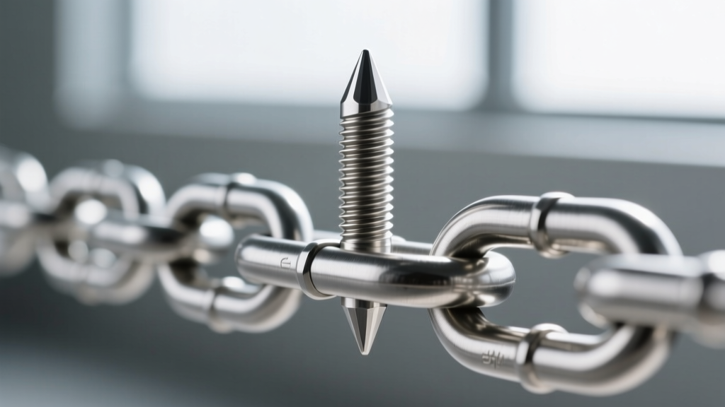 Macro shot of a threaded steel spike attached to a 316L surgical steel curb chain, highlighting the intricate threading details.