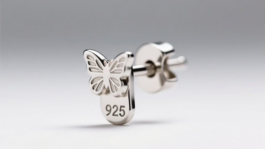Macro shot of a 20-gauge sterling silver earring post with a butterfly friction back, highlighting the stamped 925 hallmark