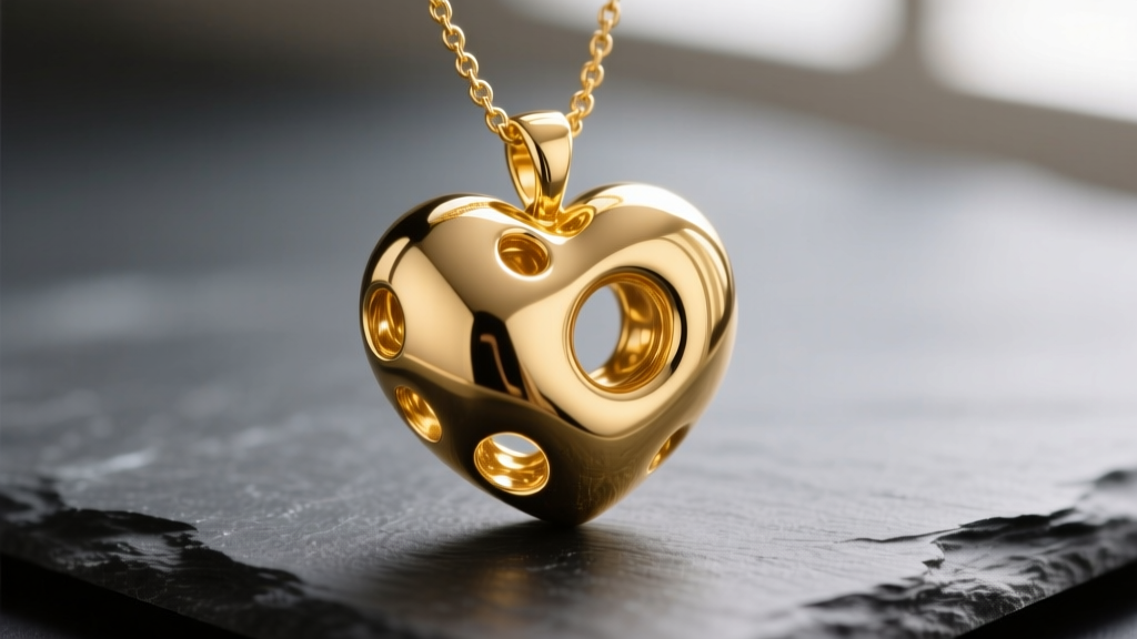 Macro shot of a 14k yellow gold bubble heart necklace on dark slate, highlighting the puffed 3D volume and reflections.