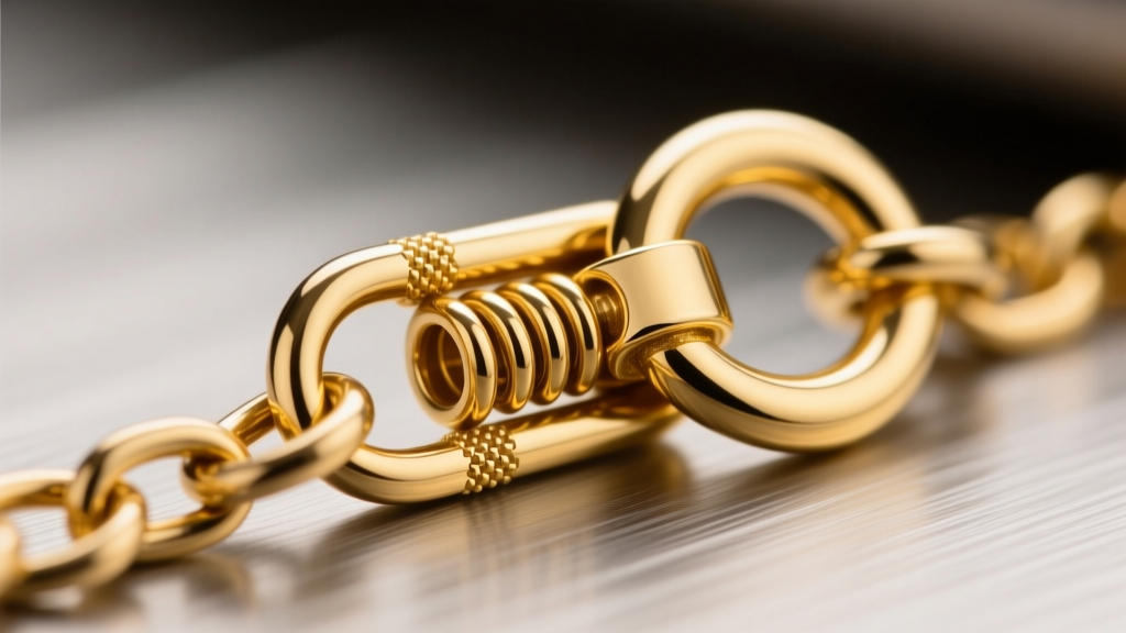 Macro close-up of a 14k yellow gold lobster clasp on a 2mm curb chain, showing the spring mechanism and soldered jump ring.