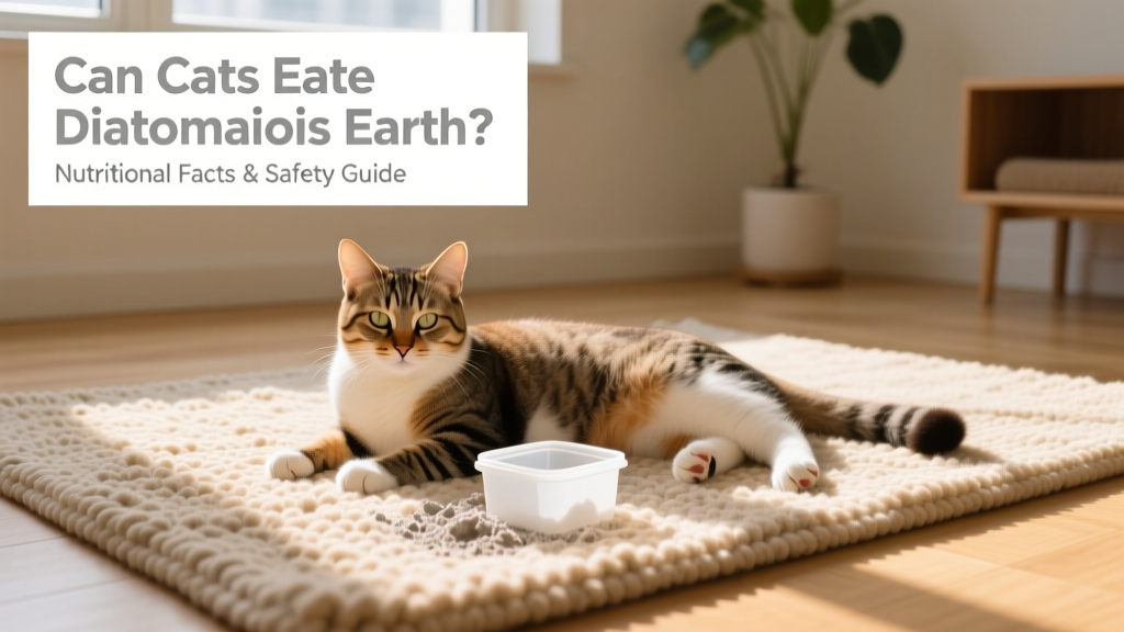 Cat lying peacefully on a rug lightly dusted with diatomaceous earth, with a small open container nearby