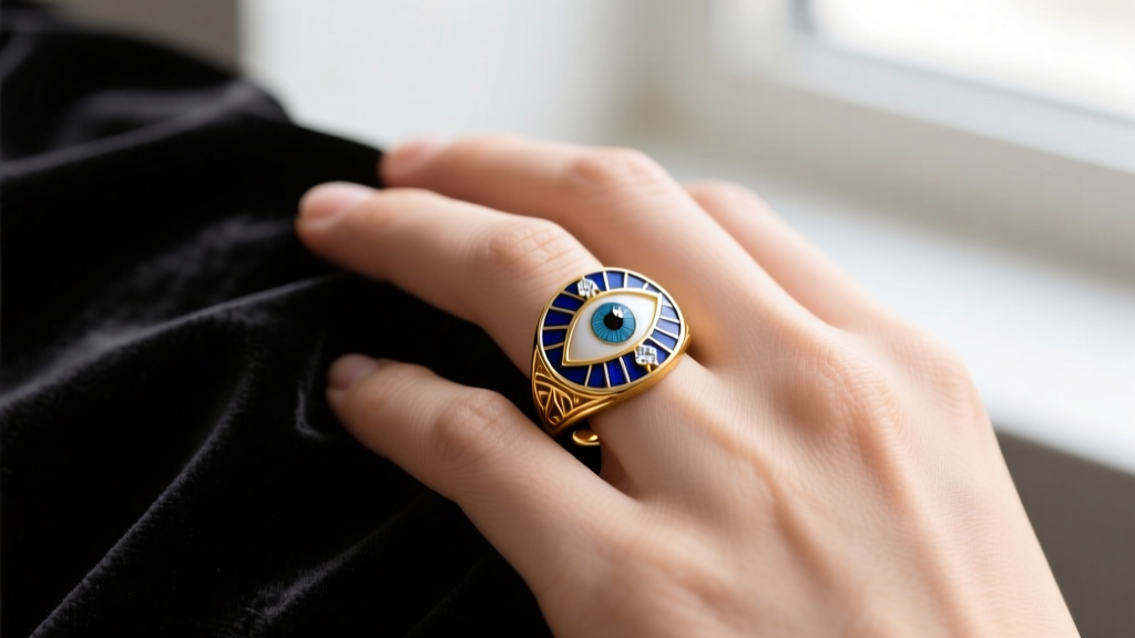 Close-up of a hand wearing an 18k gold evil eye ring with blue guilloché enamel and diamond pupil, resting on dark velvet fabric.