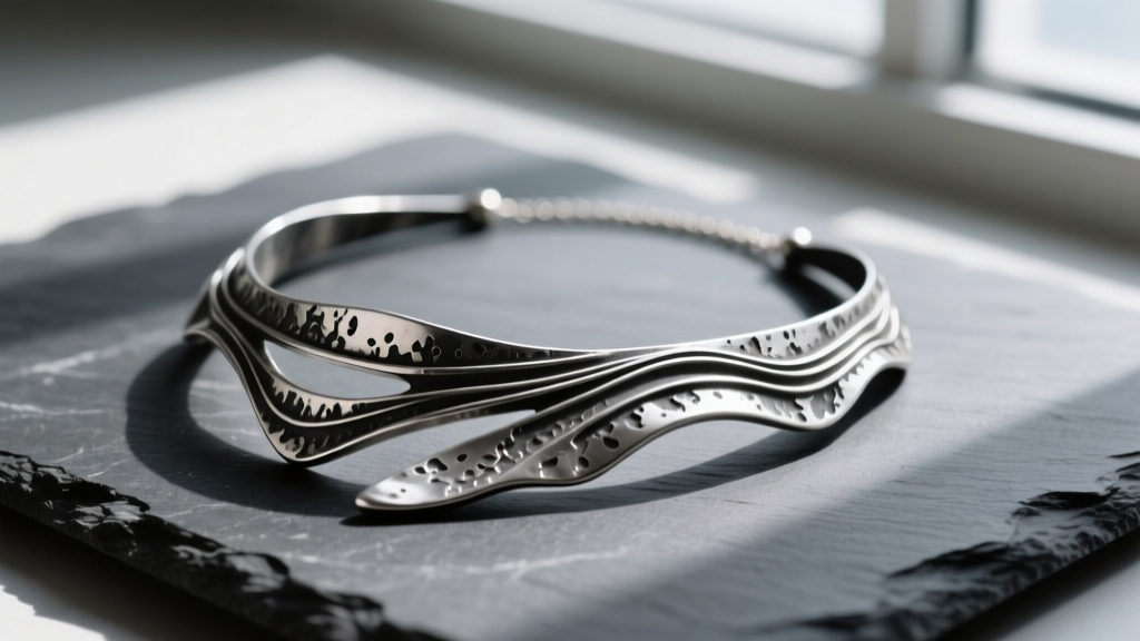 Sculptural Sophie Baek necklace in oxidized sterling silver on dark slate, highlighting textured metal surface and deep shadows.