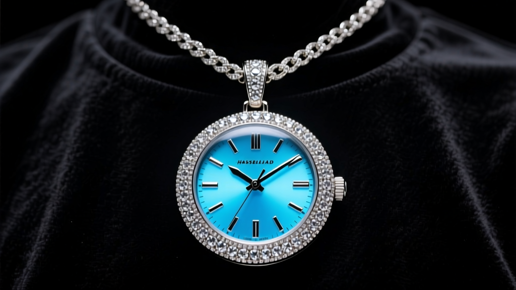 Heavy oversized iced-out rapper clock necklace pendant on dark velvet, featuring a diamond-encrusted bezel and glowing dial