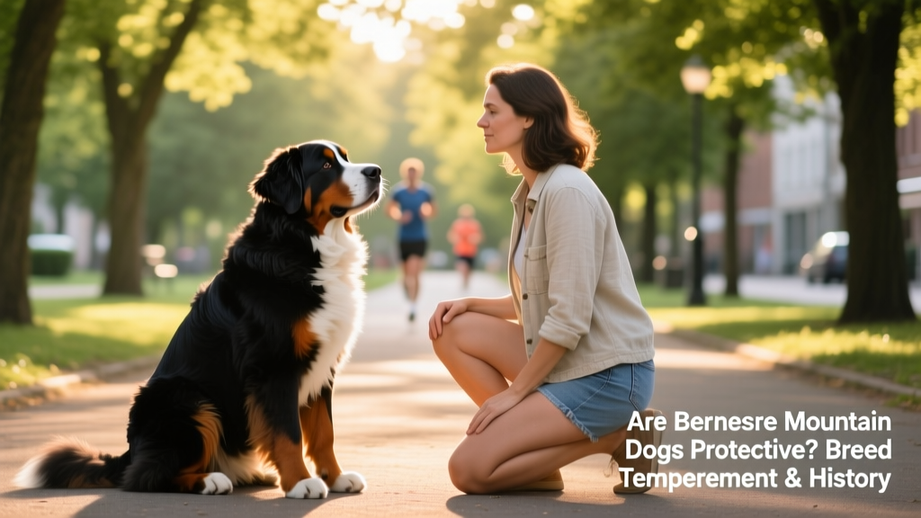 A Bernese Mountain Dog and owner practicing a ‘sit-stay’ command in a park setting