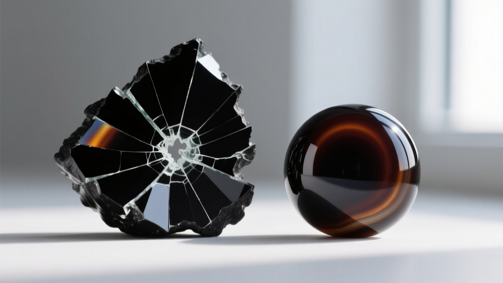 Macro photography comparing the conchoidal fracture of raw black obsidian next to the smooth polished surface of a dyed onyx bead